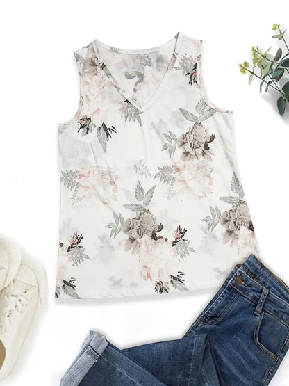 V Neck Print Sleeveless Loose Summer Tank Top